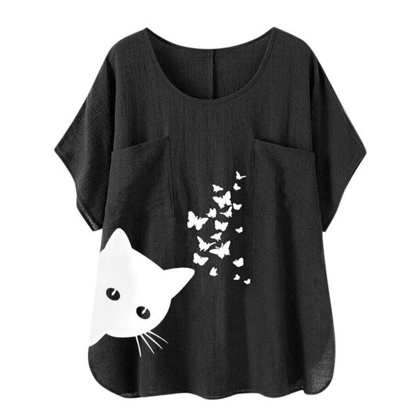 

women's blouses & shirts cat butterfly print woman summer o-neck big size tunic 2021 casual short sleeve oversize blusa kimono femme, White