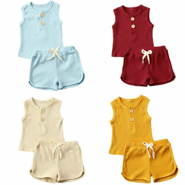 

clothing sets girls clothes baby summer toddler kids boys sleeveless t-shirt shorts ribbed solid outfit set, White