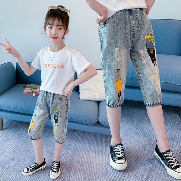 

девушки обрезаны тонкие брюки средних детских брюк средних и брюки и джинсы больших девочек в западном стиле летом носить отверстие джинсы, Blue