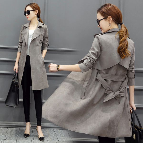 

2020 new spring autumn fashion women suede slim medium long trench coat with belt bow ladies korean windbreaker overcoat s212, Tan;black
