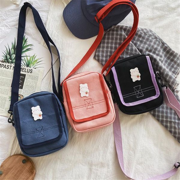

cute korean teenager girl mini bag summer cute bear canvas crossbody bag for women girl shoulder patchwork mini bolsas de mujer