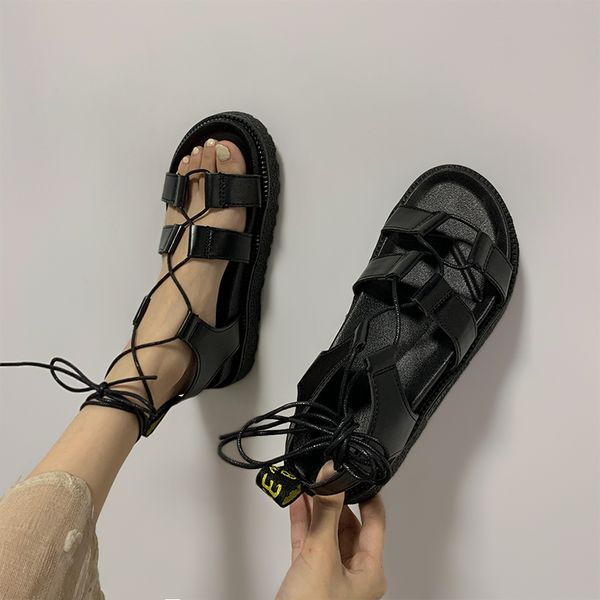 

2020 sandals all-match ladies shoes summer mid-calf strap strappy heels open toe suit female beige women's woman low lace up, Black