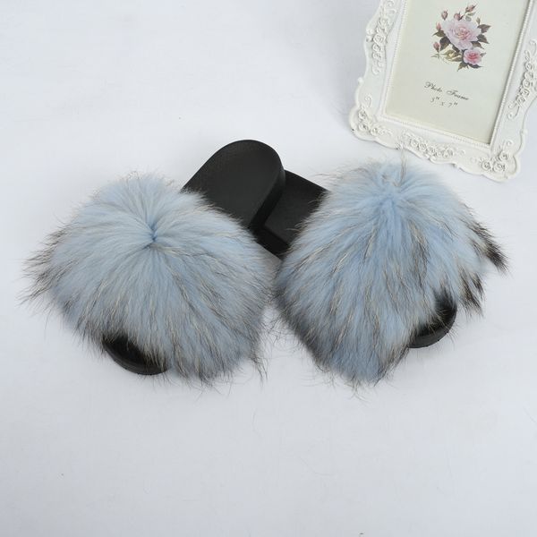 

2019 new raccoon indoor wide slippers for women fur slides sandal, Black