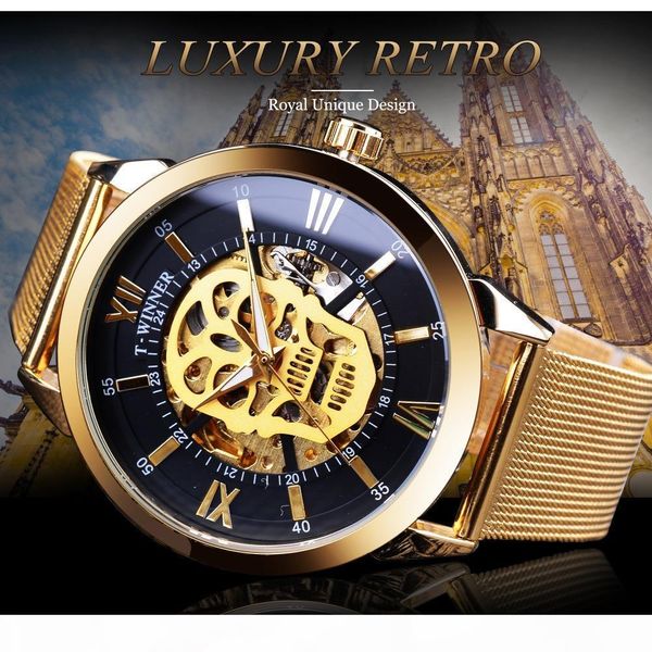 

i winner clock classic black golden skull display luminous hands horloge mannen men 's mechanical automatic wristwatches mesh bel, Slivery;brown
