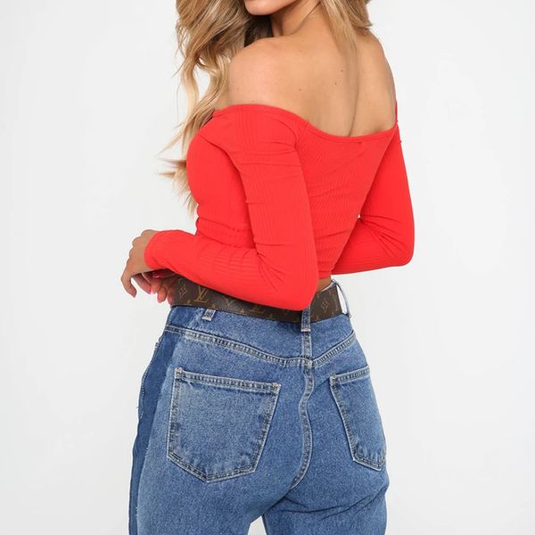 

2020 women spring short autumn clothing solid color leotard lady long sleeve off shoulder stretchy t shirt clothes crop, White