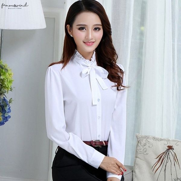 

2020 spring summer womens office lady formal lacing long sleeve ruffled neck slim blouse casual solid white shirt