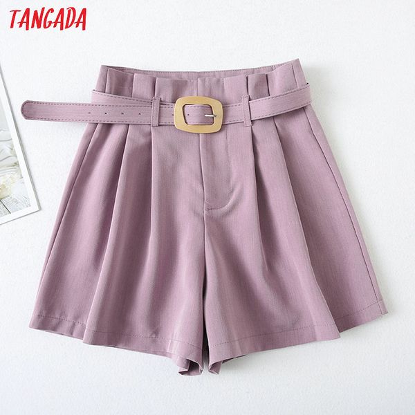 

tangada women elegant purple shorts with belt pockets female retro casual shorts pantalones yu15, White;black