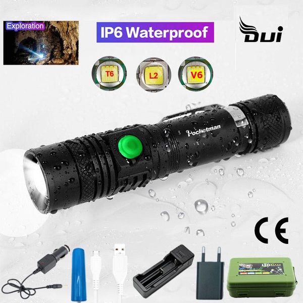

flashlights torches dui usb battery rechargeable led waterproof camping powerful portable light long hunting flash zoom torch lamp