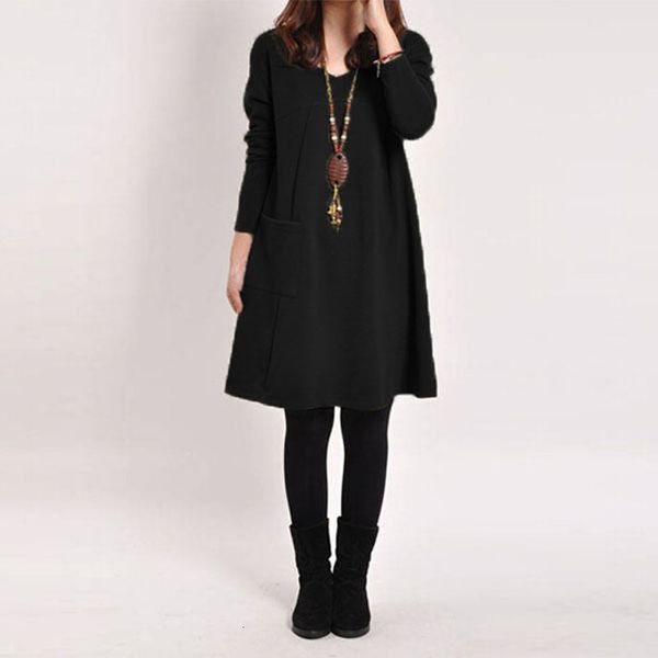 

vintage v neck long sleeve pockets loose dress women casual solid a line baggy party midi bodycon dress long sleeve kaftan vestido, Black;gray