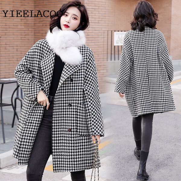 

plaid woolen coat women's thousand birds mid-length autumn/winter women's coat loose woolen fashionable clothing, Black