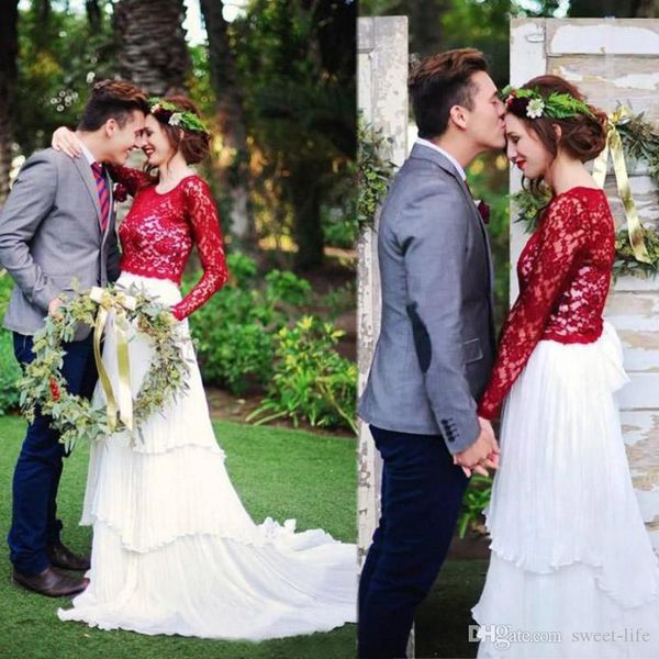 

2021 fabulous red white wedding dresses a line chiffon boho bridal gowns garden lace bride wear illusion long sleeves