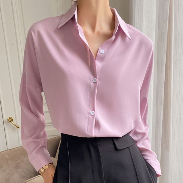 

2020 autumn women solid long sleeve chiffon blouse turn down collar office lady elegance oversize pink shirts korean chic, White
