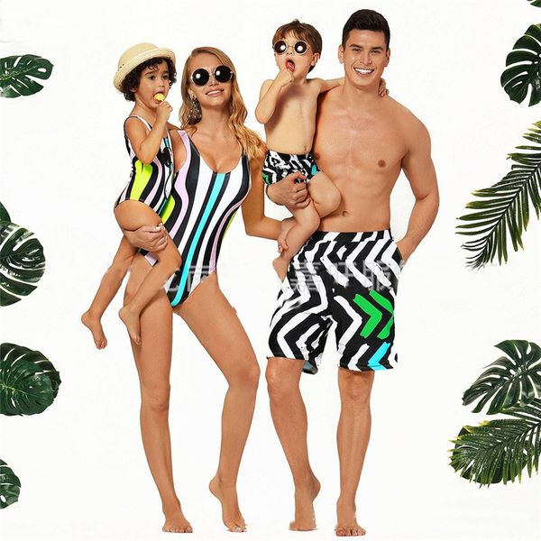 

family matching swimwear tropical striped print beachwear mother and daughter swimsuits men and boys beach shorts, Blue