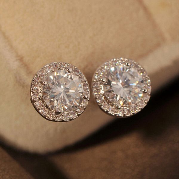 

ainoushi 4 prongs round brilliant cut sona stud earring women engagement wedding halo earring boucle d'oreille femme sz3.5-6.5mm, Golden;silver