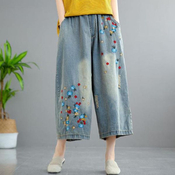 

johnature summer new retro embroidery elastic waist denim drawstring nine point wide leg pants 2020 casual all-amtch women pants, Blue