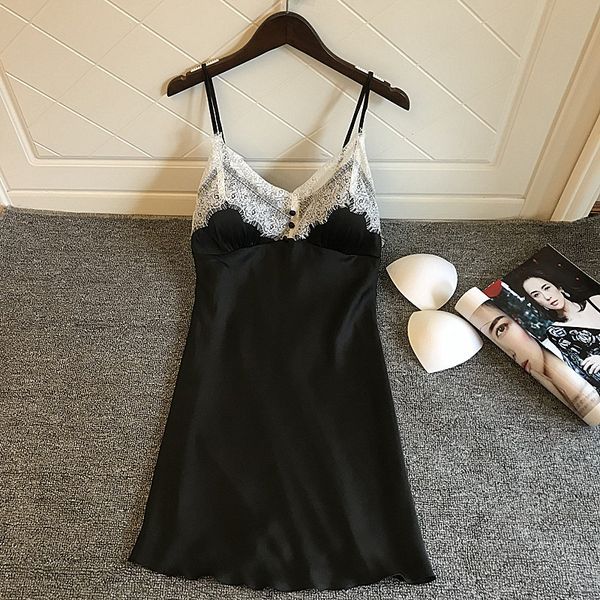 

women's sleepwear black lady v-neck nightdress lace trim kimono robe gown satin solid strap casual home dressing, Black;red
