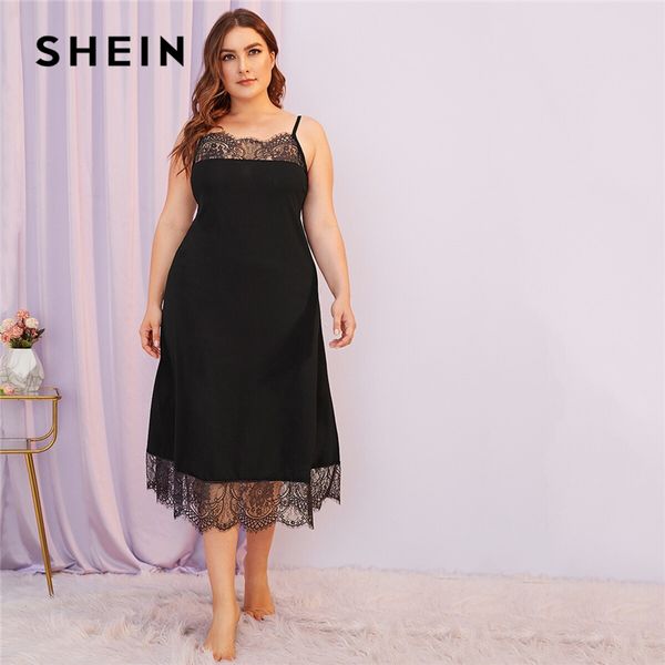 

shein plus size contrast lace spaghetti strap night dresses women nightwear 2020 autumn solid scallop hem cami sleepwear, Black;red