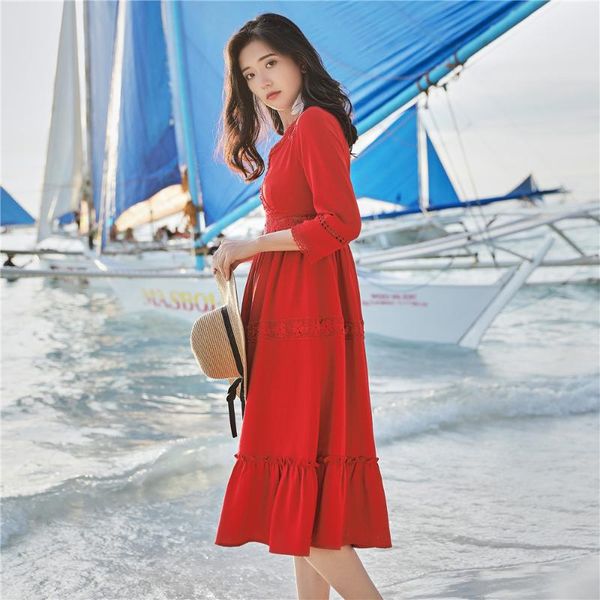 

summer holiday lace a-line loose dress casual beach v neck red dresses vintage mid-calf women dress vestidos de fiesta luxury, White
