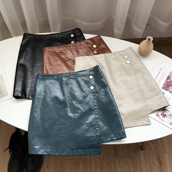 

li8vh elegant small leather skirt small leather dress dresswomen's glossy color irregular aline dress light ripe all-match fashion new, Black