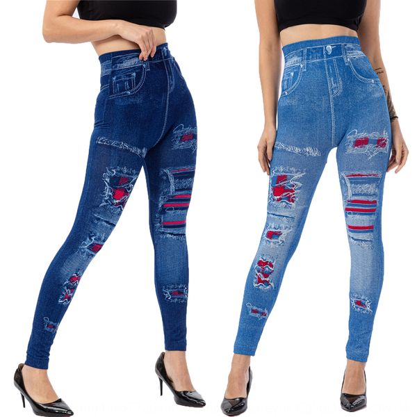 

2020 spring new imitation denim trousers and trousers striped printed high elastic hip leggings ankle-length pants, Black