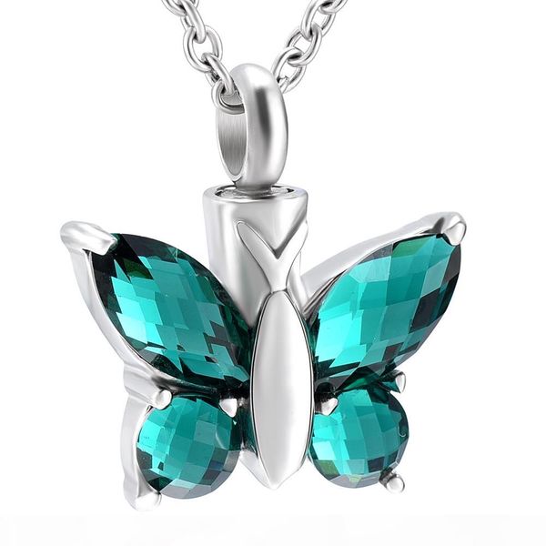 

charm crystal butterfly cremation memorial ashes urn keepsake stainless steel pendant necklace jewelry for women, Silver
