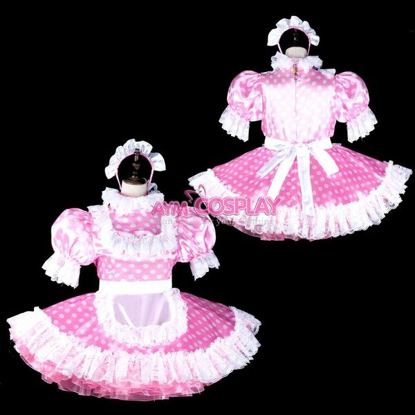 

lockable sissy maid pink polka dots satin dress, Black;red