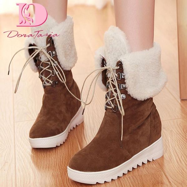 

doratasia 2020 inside heels lace up dropship big size 43 women shoes warm plush for cold winter snow boots, Black