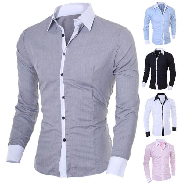 

new fashion spring summer men's shirt business men turn down collar long sleeve color block cotton prom slim shirt 2xl clothing, White;black