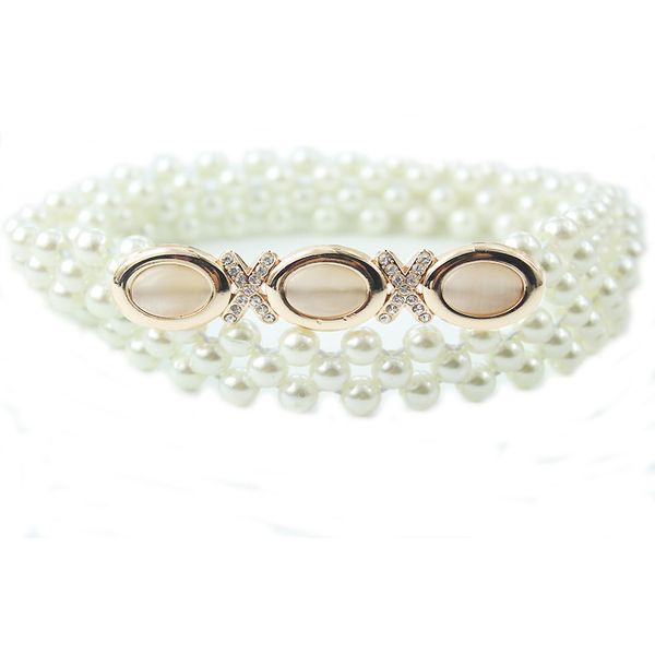 

womens three rows thin faux pearls waistband bridal wedding sash with large artificial pearl rhinestone decor metal buckle belt, Black;brown
