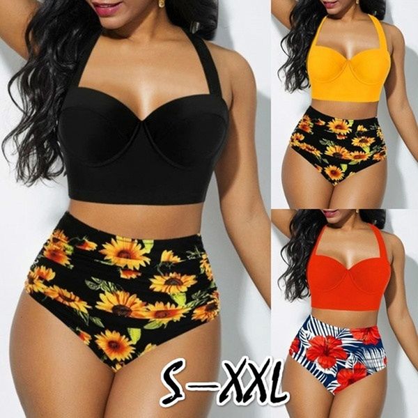 

size s xxl women high waist bikini 2020 bandage push up padded swimwear ladies sunflower print swimsuit summer bathing beachwear, White;black