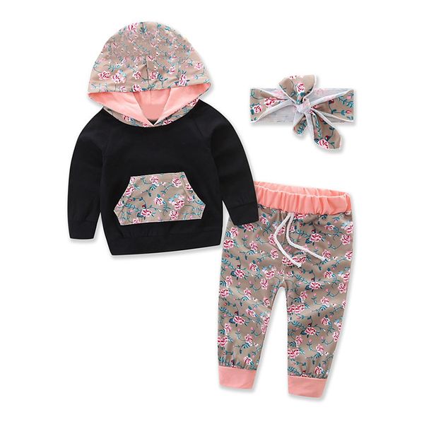 

clothing sets menora kids baby girls long sleeve floral stitching sweatshirt flower print pants with hair band 3pcs children suits, White