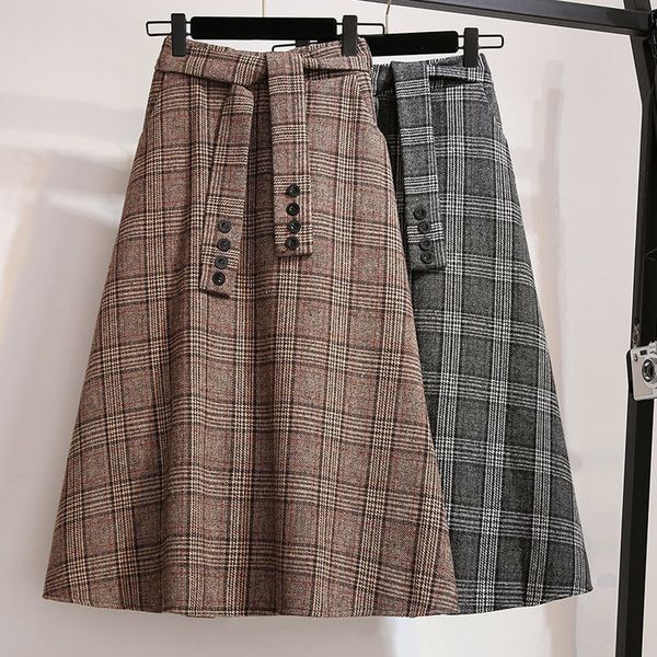 

large size womens autumn and winter woolen skirt 2020 new plaid skirts high waist large swing jupe lady femme saia f1920, Black