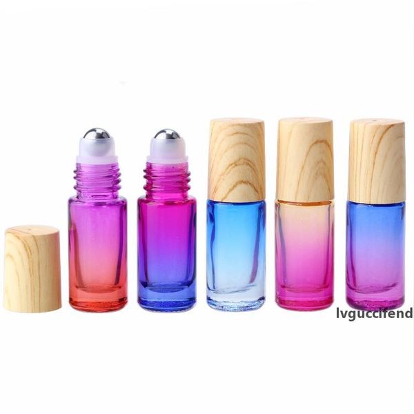 

5ml gradient color steel ball roll on essential oil bottle wood grain lid cosmetic refillable jar wholesale