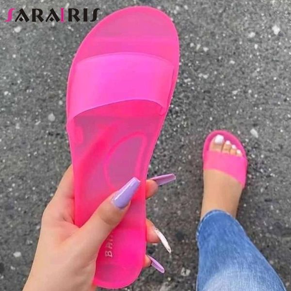 

sarairis summer cool flat heel pvc slippers 2020 ins trendy bright candy color slippers women fashion low heel shoes woman, Black