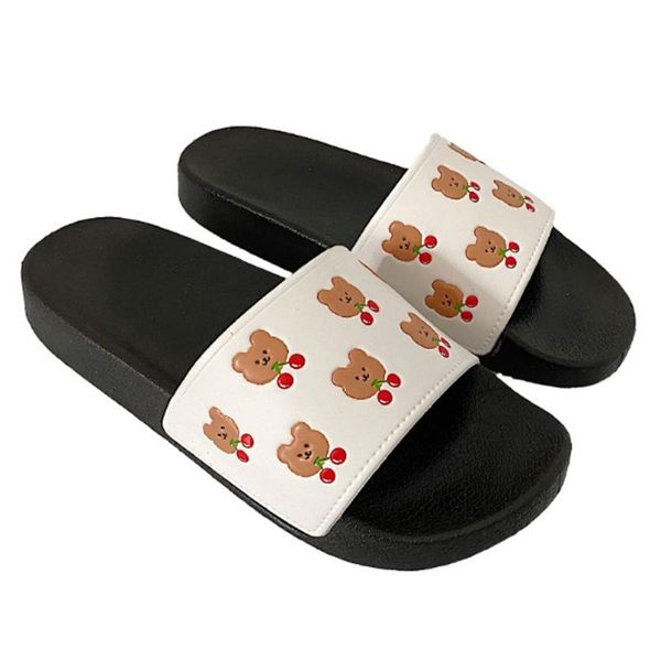

cartoon bear cherry slippers women femme pantoufles cute slides girls sandals flip flops platform peep-toe bathroom thick sole, Black