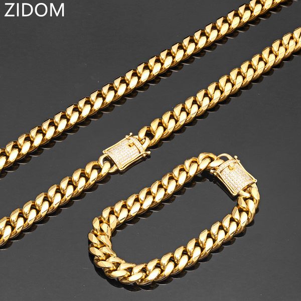 

men hip hop chain necklace & bracelets 1set stainless stee with zircon male miami cuban chains necklaces hiphop jewelry gifts, Silver