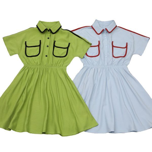

4 to 16 years kids & teenager girls summer two front pockets casual flare shirt dress child girl fashion turn down collar dress, Red;yellow