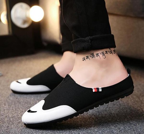 

new trend half peas shoes without heel summer men's shoes home single canvas thin section, Black