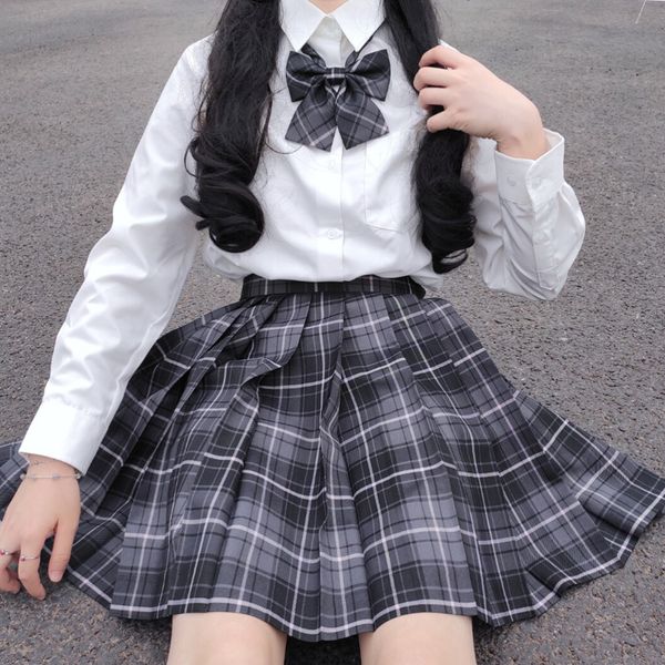 

smoky gray] girls long/short sleeve high waist pleated skirts plaid skirts women dress for jk school uniform students clothes a, White