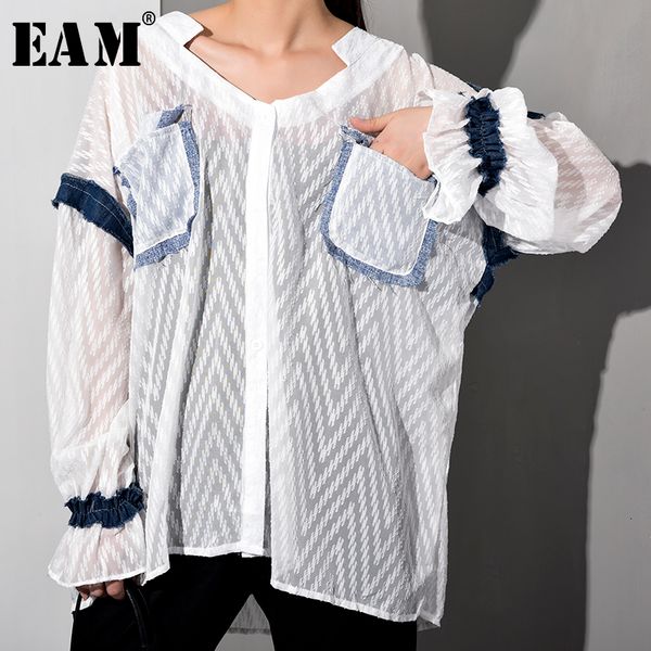 

eam] women white denim ruffles big size blouse new v-collar long sleeve loose fit shirt fashion tide spring summer 2020 wg75500