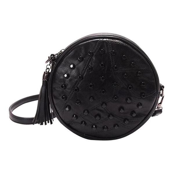 

sheepskin messenger bags women brands rivet cute round mini shoulder bag ladies black tassel messenger bag travel tote bolsas#55
