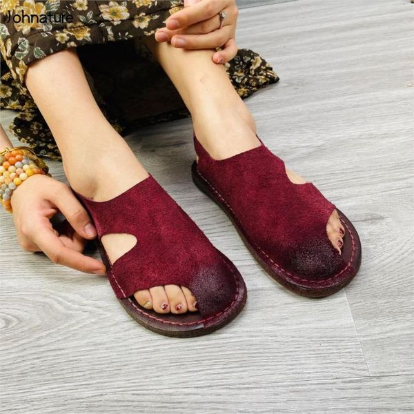 

johnature натуральная кожа женщины сандалии ретро flat с женская обувь повседневная handamde досуг лаконичные шитье полые женские сандалии, Black