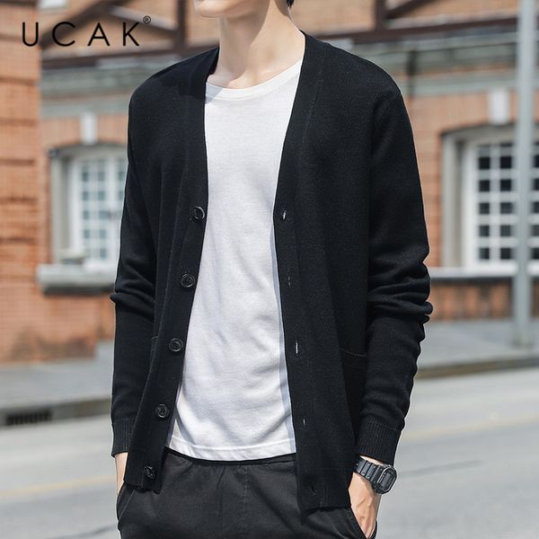 

ucak brand wool sweater men clothes streetwear solid color cardigan pull homme autumn winter warm style sweater clothing u1132, White;black