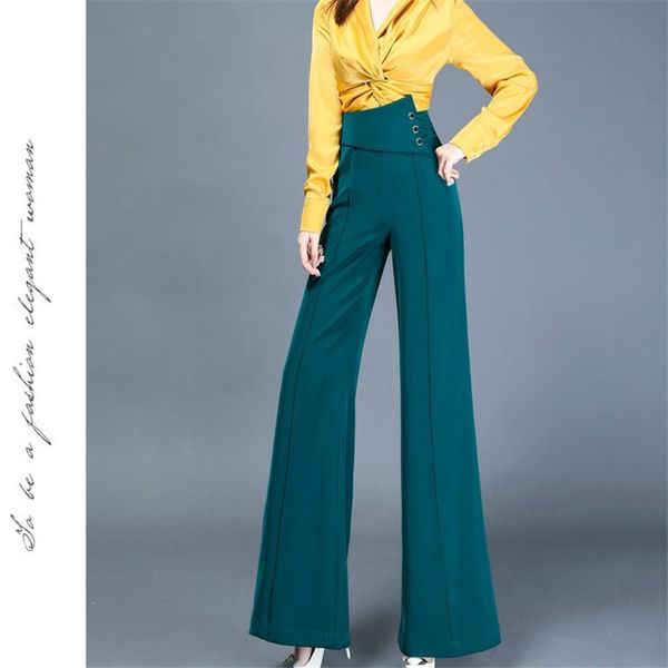 

waist tie up women long pant drape high waist wide leg pants trousers floor satin acetate 2020 spring autumn big size on sale, Black;white