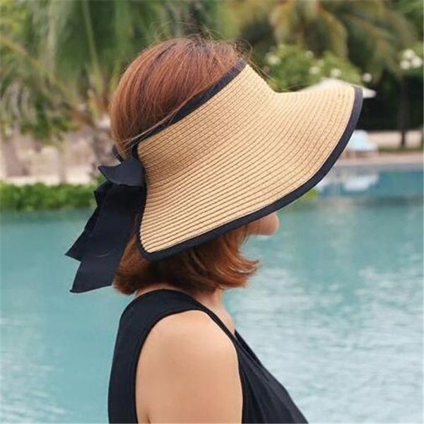 

women's korean style summer elastic bowknot butterfly empty summer lady big hat eaves exposed sun-proof beach hat, Blue;gray