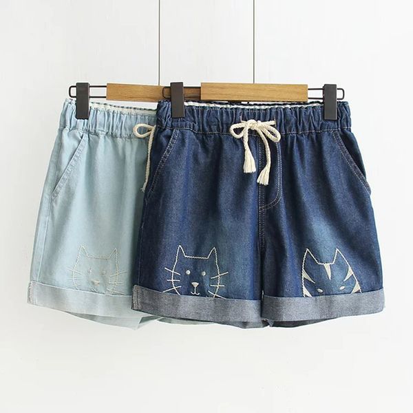 

lovely women denim shorts classic girl students high waist blue short cat embroidery caual summer pants