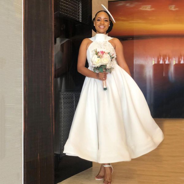 

african aso ebi long bridesmaid dresses appliques halter neck ball gown satin beach boho tea length wedding guest dresses c38, White;pink