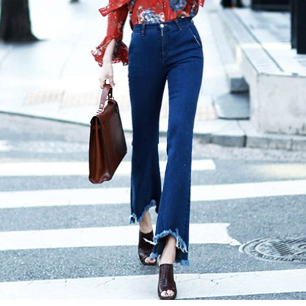 

2020 новый год сбора винограда высокой талией flare хем джинсы женщина мода кисточкой джинсовые брюки lady тонкий джинсы женские брюки женск, Blue