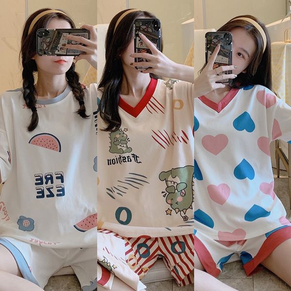 

z2skw women's cotton pajamas spring and autumn summer cute students korean style and cotton-padded shorts thin girls' home wear sh, Blue;red