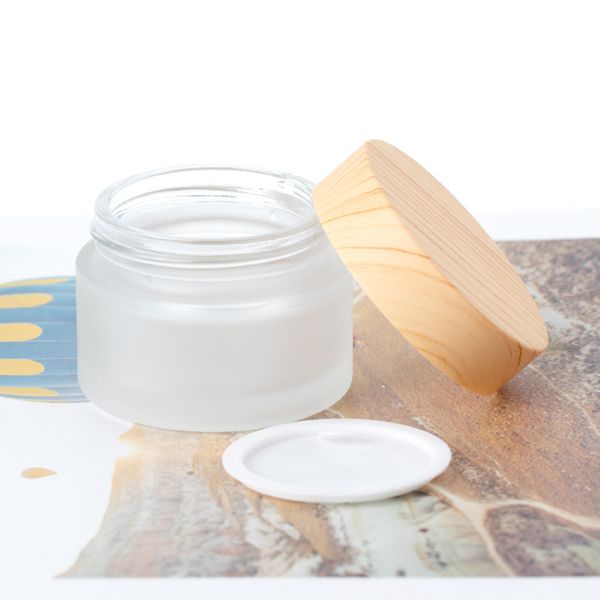 

5pcs 5/10/15/30/50g matte/transparent glass cream jar make up sample container empty refillable pot imitation wood grain cover